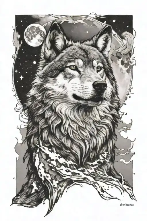 howling wolf and moon tattoo design idea