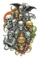 All gods of death from all mythologies, posing next to each other for a portrait of the group, battling. tattoo design idea