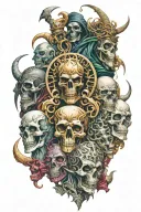 All gods of death from all mythologies, posing next to each other for a portrait of the group, battling. tattoo design idea