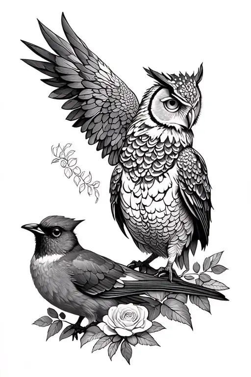 owl and peakcock and liverbird and robin and Yorkshire rose and Welsh dragon tattoo design idea