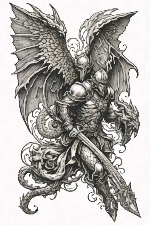 scarred dragon, rusted sword of damocles, icarus falling, phaeton, and the fallen angel by Alexandre cabanel sleeve tattoo design idea