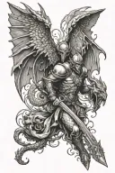 scarred dragon, rusted sword of damocles, icarus falling, phaeton, and the fallen angel by Alexandre cabanel sleeve tattoo design idea