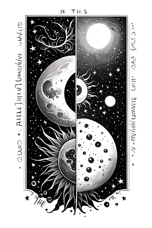 "In this life and the next" sun and moon halves tattoo design idea