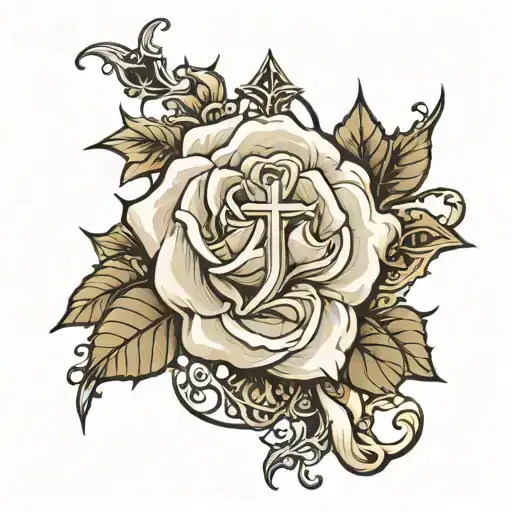 white rose & cross & royalty free tattoo design idea
