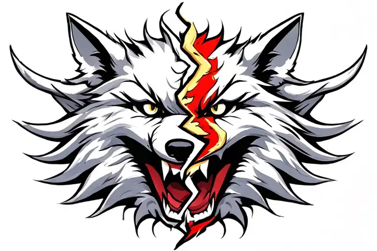Moon wolf oni mask split in half tattoo design idea