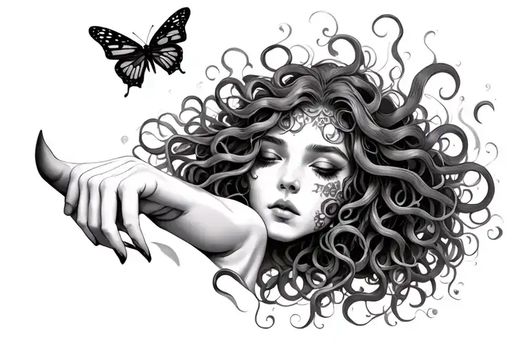 medusa with a semicoln tattoo and a butterfly landing on her finger tattoo design idea