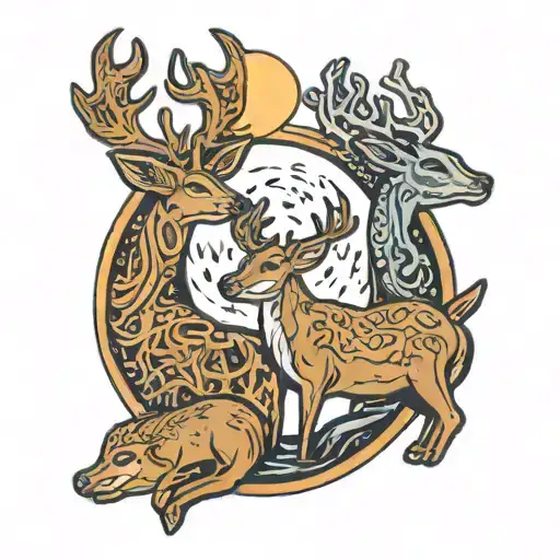 three connected deer in front of a moon cookie  with a bite out of the edge  tattoo design idea