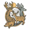 three connected deer in front of a moon cookie  with a bite out of the edge  tattoo design idea