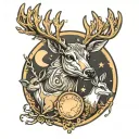 three connected deer in front of a moon cookie  with a bite out of the edge  tattoo design idea
