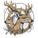 three connected deer in front of a moon cookie  with a bite out of the edge  tattoo design idea