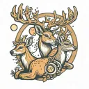 three connected deer in front of a moon cookie  with a bite out of the edge  tattoo design idea