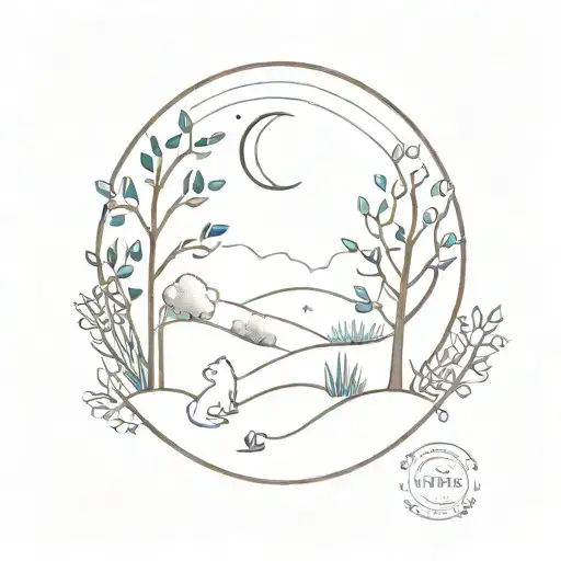 A minimalist representation of a peaceful garden with animals and a crescent moon in the sky, capturing the essence of tranquility and companionship tattoo design idea