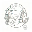 A minimalist representation of a peaceful garden with animals and a crescent moon in the sky, capturing the essence of tranquility and companionship tattoo design idea