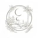 A minimalist representation of a peaceful garden with animals and a crescent moon in the sky, capturing the essence of tranquility and companionship tattoo design idea