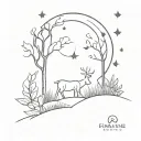 A minimalist representation of a peaceful garden with animals and a crescent moon in the sky, capturing the essence of tranquility and companionship tattoo design idea