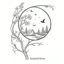 A minimalist representation of a peaceful garden with animals and a crescent moon in the sky, capturing the essence of tranquility and companionship tattoo design idea
