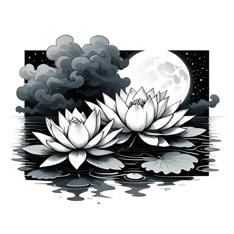 lotus flower lilly pads cloudy smoke in the background and moon shining at stars tattoo design idea