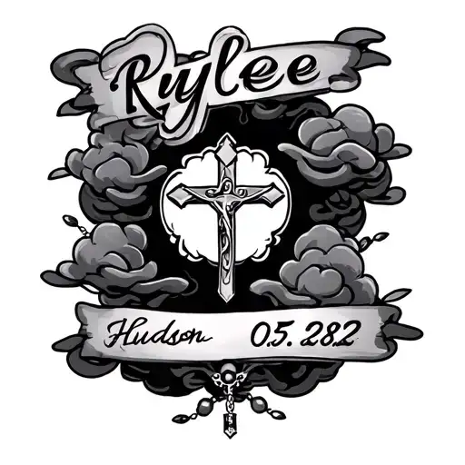 "Rylee 02.18.17 Hudson 05.28.20" rosary with clouds surrounding tattoo design idea