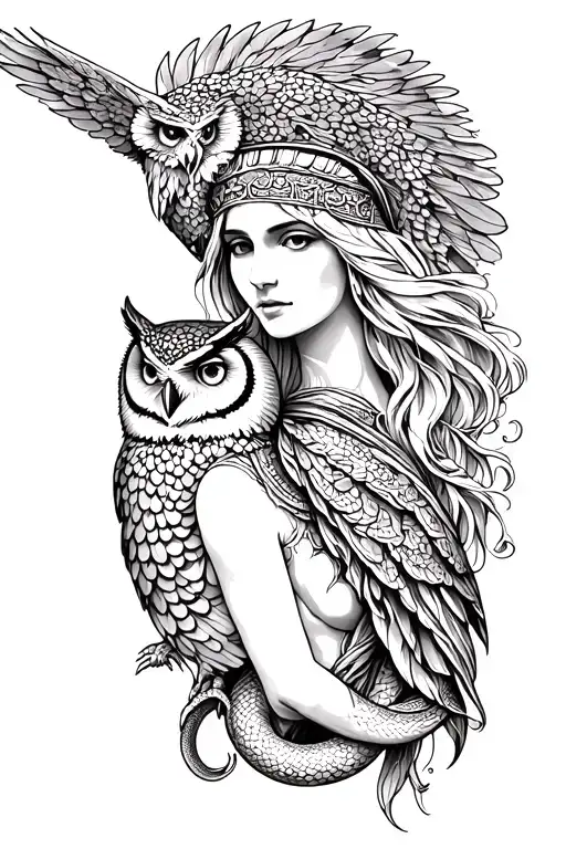 goddess athena with owl and snake tattoo design idea