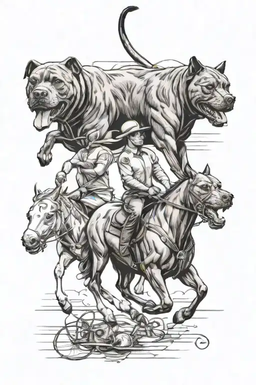 a pit bull dog, a UCLA bruins bear, and an equestrian riding a horse tattoo design idea