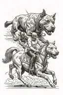 a pit bull dog, a UCLA bruins bear, and an equestrian riding a horse tattoo design idea