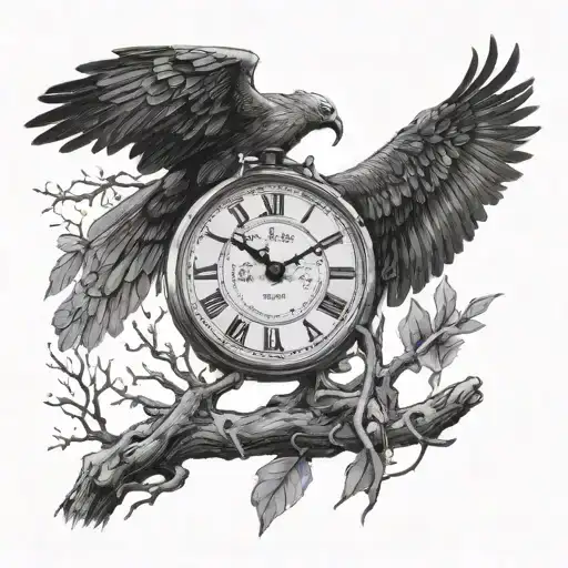 A clock melting on a branch of a bare tree with a vulture sitting on top of the tree looking down at the clock tattoo design idea
