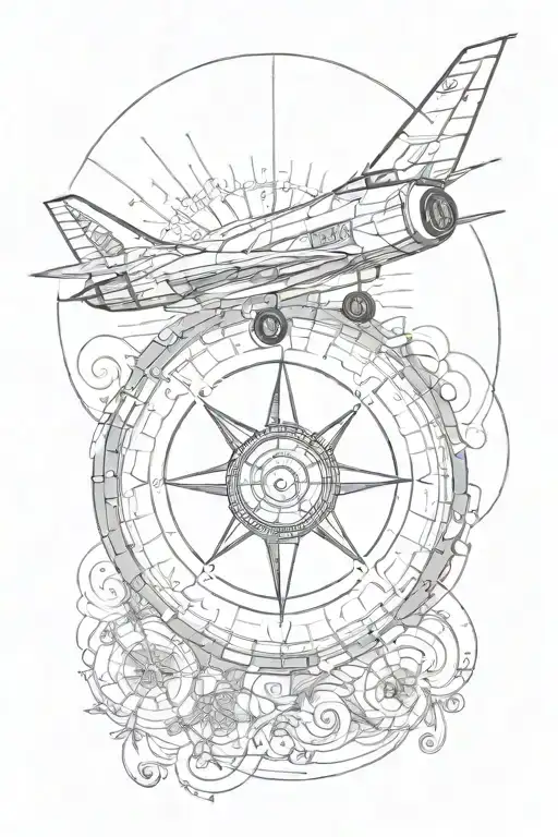 fibonacci sequence with compass inside and small fighter jet   tattoo design idea