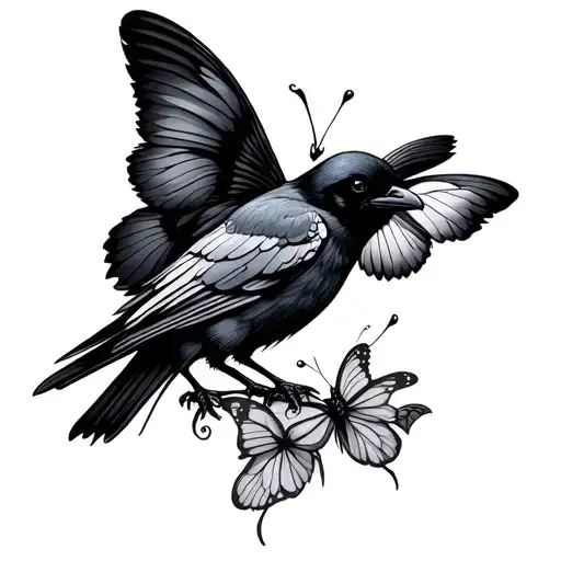 agender crow with butterfly tattoo design idea