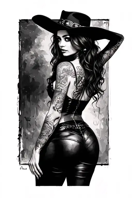 Sexy Gothic Western Woman looking over shoulder withblarge round buttocks tattoo design idea