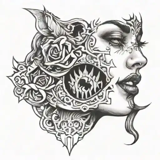 eve biting the app half her face demonic  tattoo design idea