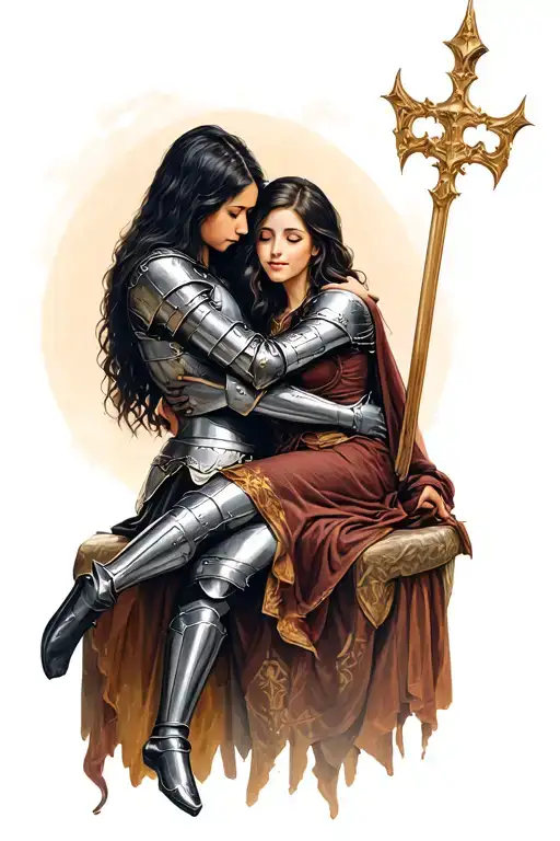 knight resting by mom hugging tattoo design idea