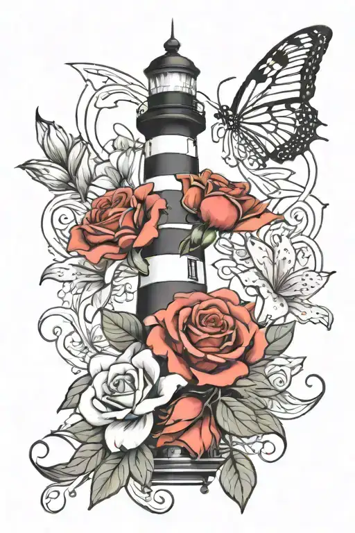 butterfly rose lily grayscale realistic lighthouse tattoo design idea