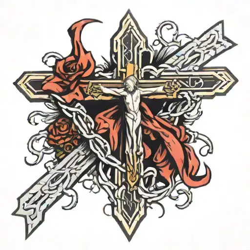 Draw me a tattoo of a crucifixion nail with a ribbon of thorns going around it and within the ribbon of thorns the sayin tattoo design idea