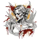 Sexy Angel Smoking Cigarette side view big cleavage torn white dress dripping in blood golden halo malicious expression tattoo design idea