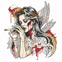Sexy Angel Smoking Cigarette side view big cleavage torn white dress dripping in blood golden halo malicious expression tattoo design idea