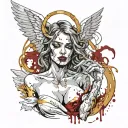 Sexy Angel Smoking Cigarette side view big cleavage torn white dress dripping in blood golden halo malicious expression tattoo design idea