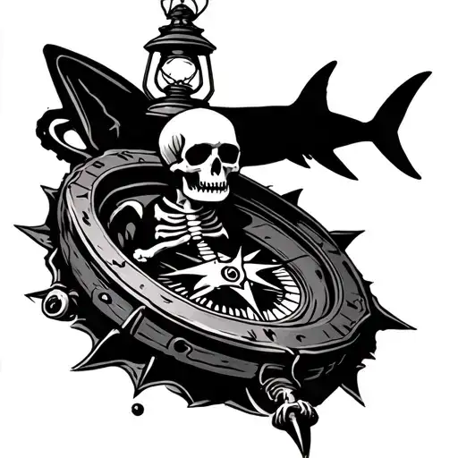 skeleton pirate skeleton with lantern on top cracked compass, shark with open mouth on top right tattoo design idea