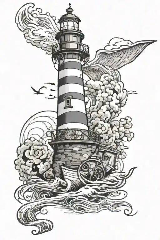 Create a tattoo with a light house guiding the path, a ship called libertad, a family of 5 and god tattoo design idea