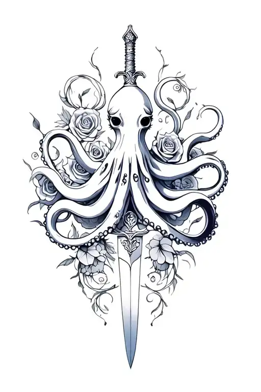 octopus and dagger and roses tattoo design idea