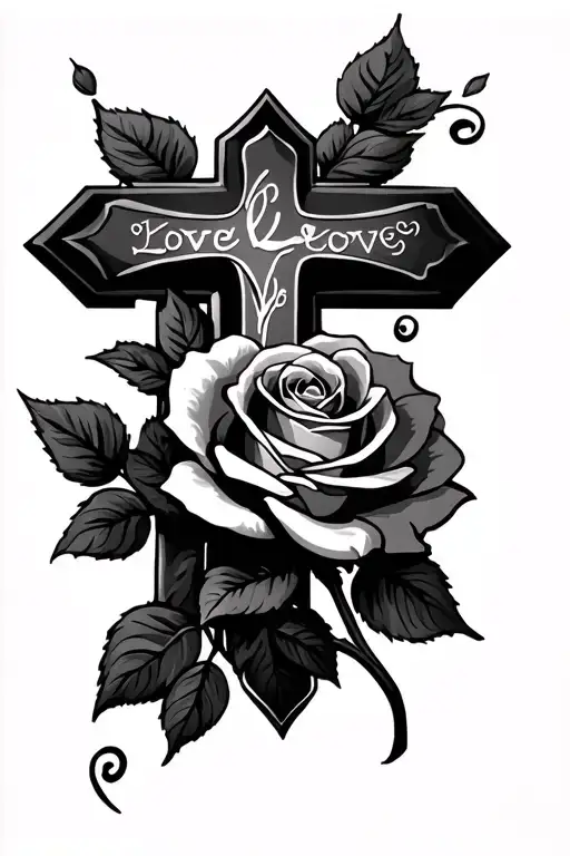 Christian cross with a rose and the word love tattoo design idea