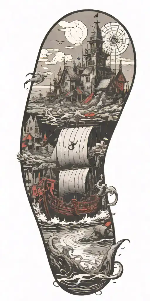 cemetary haunted house viking ship tattoo design idea