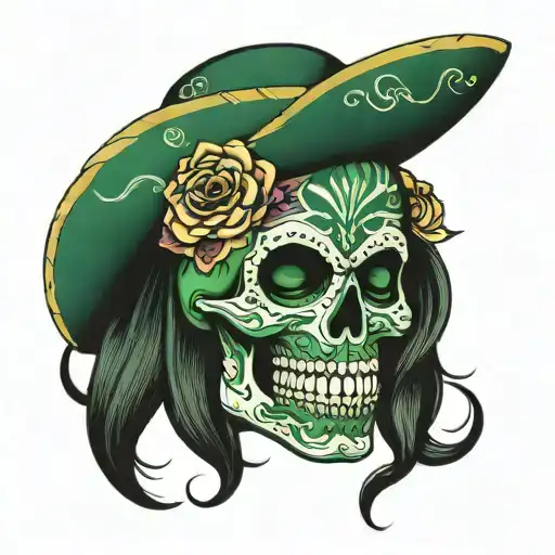 Mexican skull seen from the front. Dark green and baby clue colors. Many face models. No eyes tattoo design idea