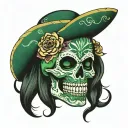 Mexican skull seen from the front. Dark green and baby clue colors. Many face models. No eyes tattoo design idea