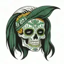 Mexican skull seen from the front. Dark green and baby clue colors. Many face models. No eyes tattoo design idea