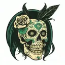 Mexican skull seen from the front. Dark green and baby clue colors. Many face models. No eyes tattoo design idea