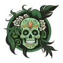 Mexican skull seen from the front. Dark green and baby clue colors. Many face models. No eyes tattoo design idea