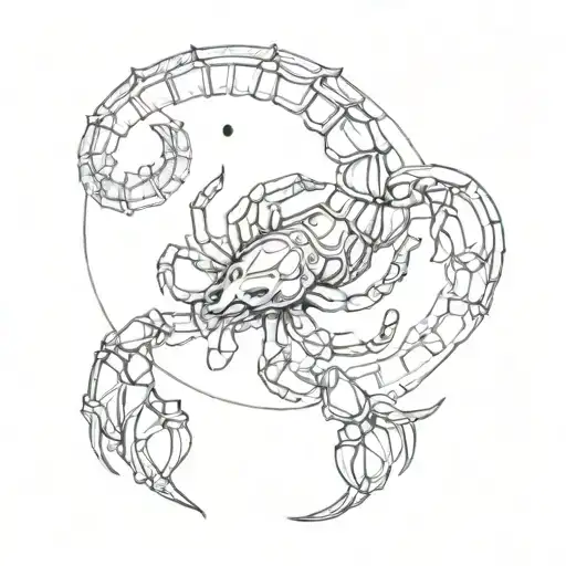 represents Scorpio zodiac and Cancer moon sign, incorporating a scorpion, Scorpio glyph, water element, Pluto glyph tattoo design idea