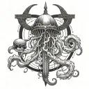 jellyfish with long tentacles wrapped around a longsword stuck in the ground underwater tattoo design idea