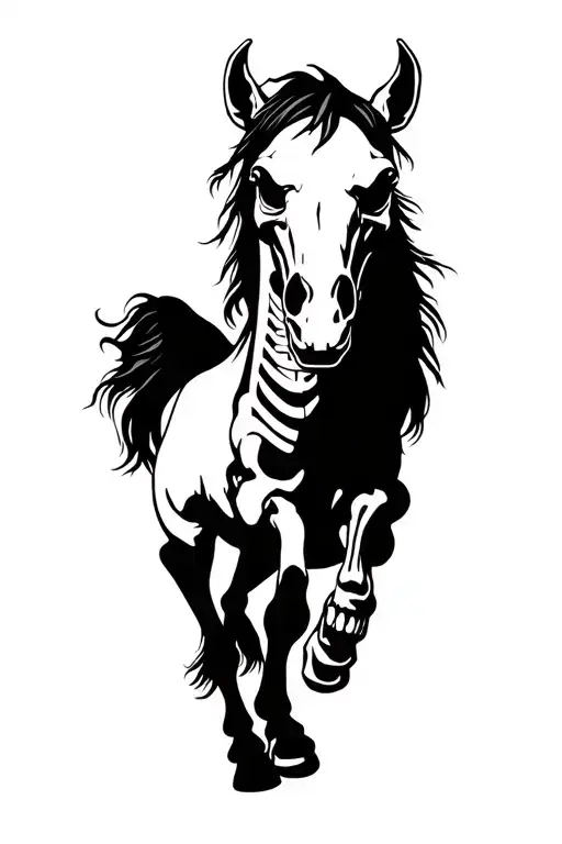 horse skeleton with angry eyes galloping  tattoo design idea