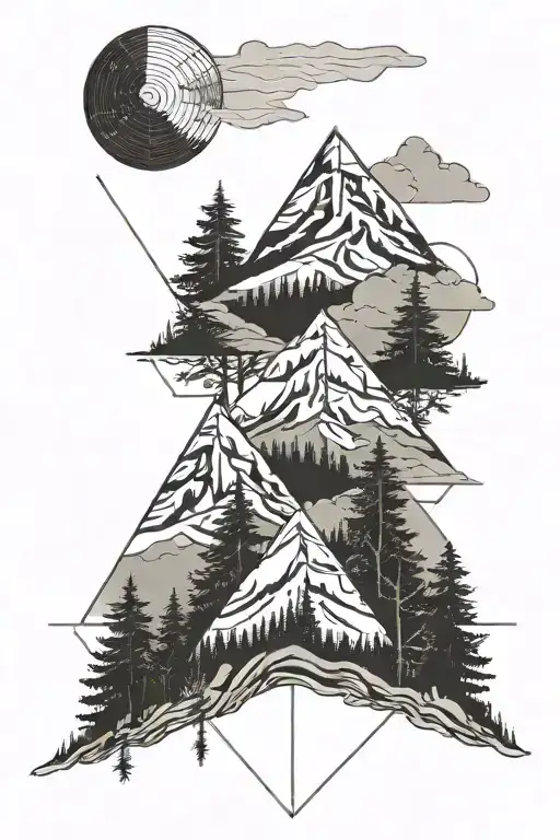 stoicism, mountains, pine tress scene tattoo design idea